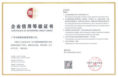 中國中小企業協會企業信用等級證書